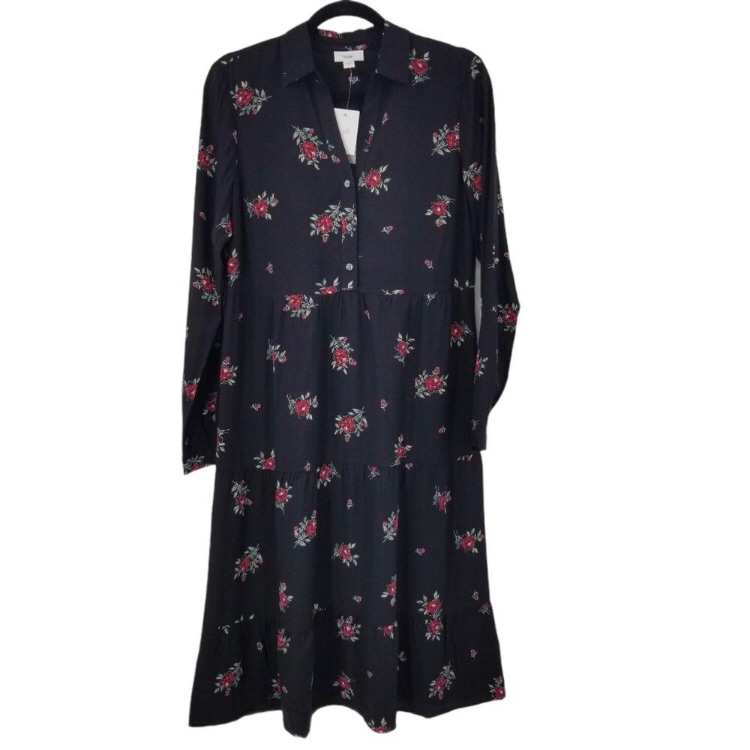 J Jill Black Floral Long Sleeve Dress